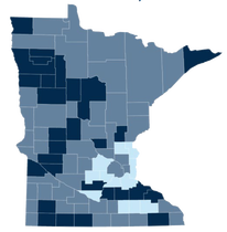 Map of Minnesota displaying shortage areas by county for primary care 