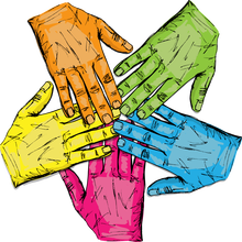 5 hands, each of a different color, overlapping each other as though in a team huddle