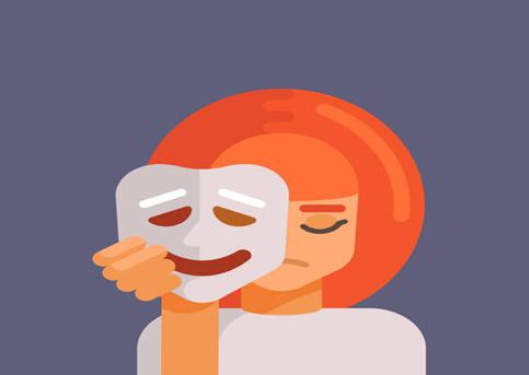 Illustration of a girl with a frown holding a mask with a smile