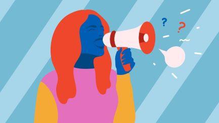 Colorful graphic outlining a person with long hair speaking into a megaphone. Question marks and word bubbles are coming out of the megaphone.