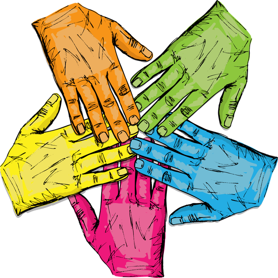 5 hands, each of a different color, overlapping each other as though in a team huddle