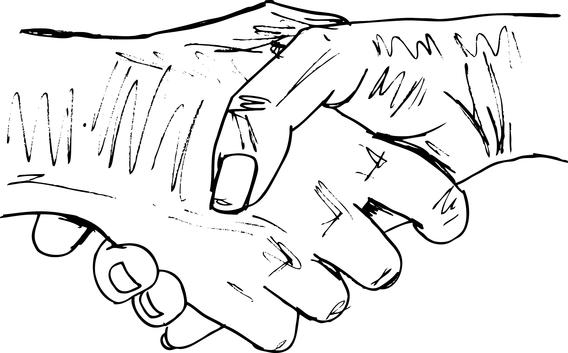 Two roughly sketched hands shaking each other. 