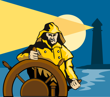 A cartoon man dressed in a yellow raincoat stands at the wheel of a ship.
