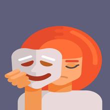 Illustration of a girl wih a frown holding a mask with a smile